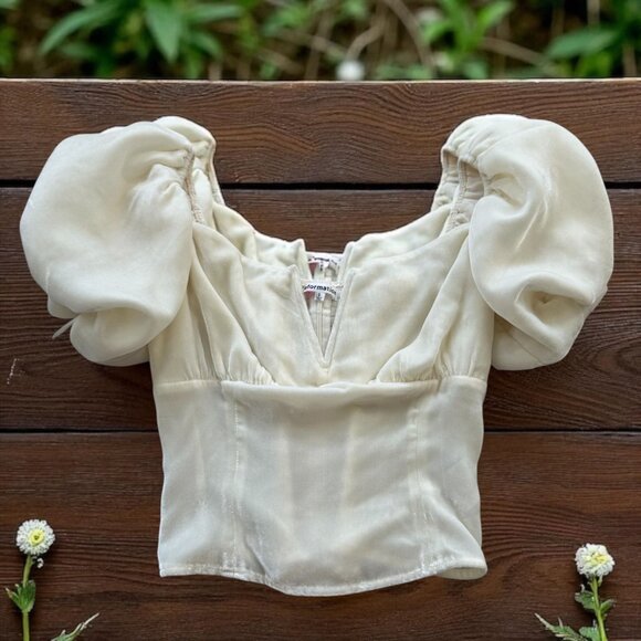 REFORMATION Cream Velvet Puff Sleeve Top Size 2 - Picture 1 of 8